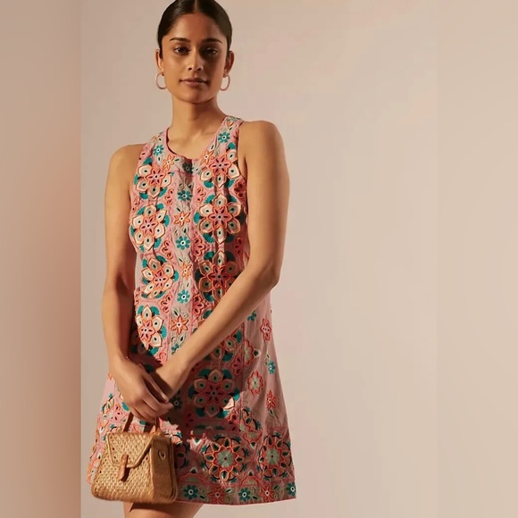 ANTHROPOLOGIE EMBROIDERY & APPLIQUED SHIFT DRESS SIZE 12 PINK ORANGE - Picture 6 of 16